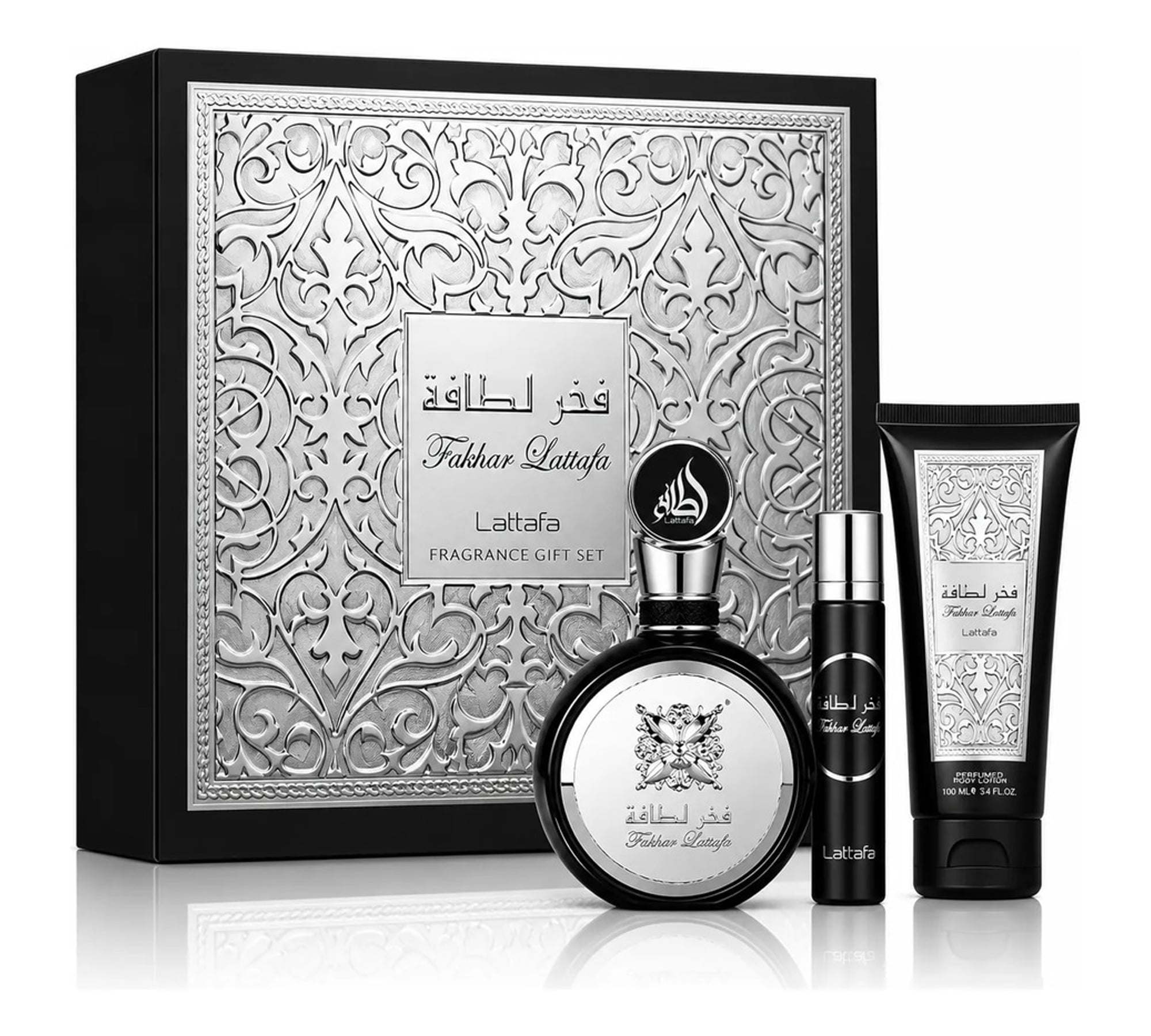 Kit Lattafa Fakhar Black com Perfume, Miniatura e Loção