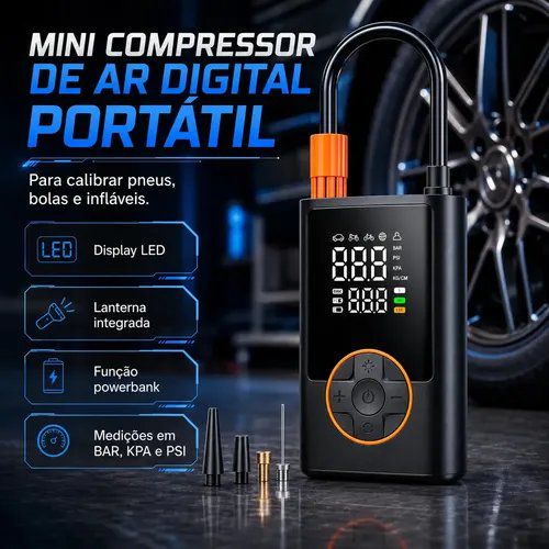 Compressor Portátil Car Air Pump Digital com Visor - Calibrador de Pneu Multifuncional