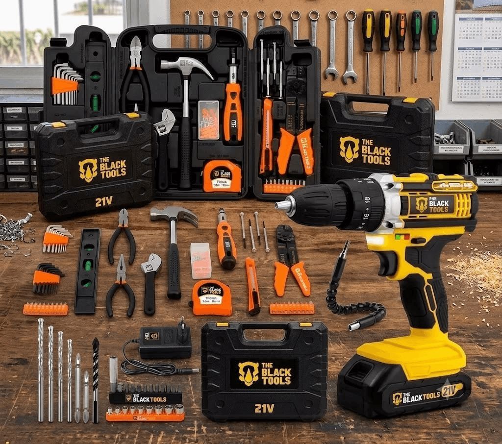 Furadeira Parafusadeira de Impacto 2 Baterias 21V 3/8 com Kit Jogo de Ferramentas 169 Peças com Maleta The Black Tools