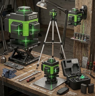 Nível a Laser Verde 12 Linhas com Esquadro, Suporte e Tripé