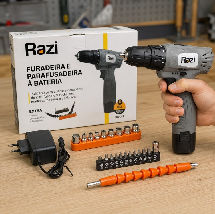 Furadeira Parafusadeira Bateria 12v Bivolt Acessórios Razi
