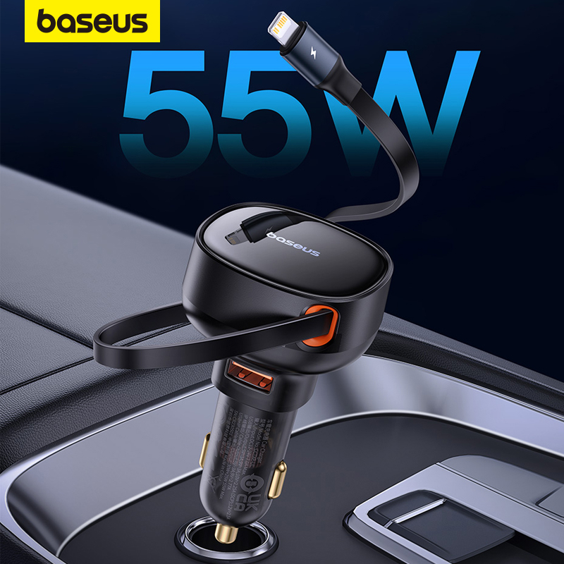 Carregador de Carro Baseus 2 em 1 30W PD 25W USB-C com Cabo Retrátil