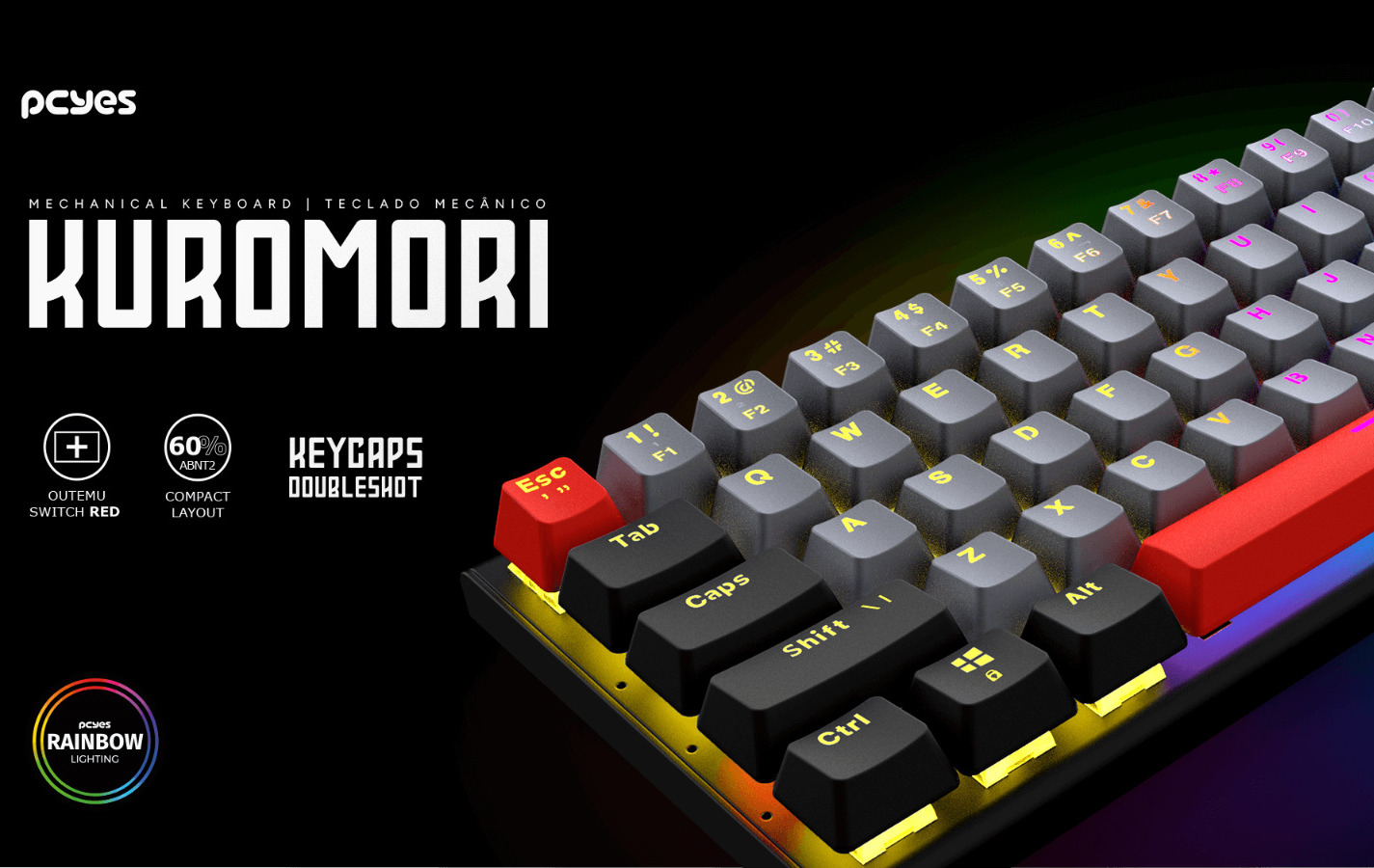 Teclado Gamer Mecânico PCYES Kuromori 60% Switch Red LED Rainbow PTKM60RD