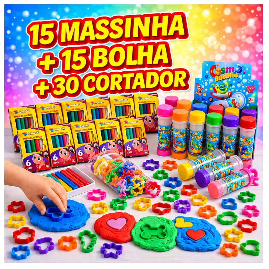 15 Massinhas de Modelar + 15 Bolhas de Sabão + 30 Cortadores e Moldes Infantis