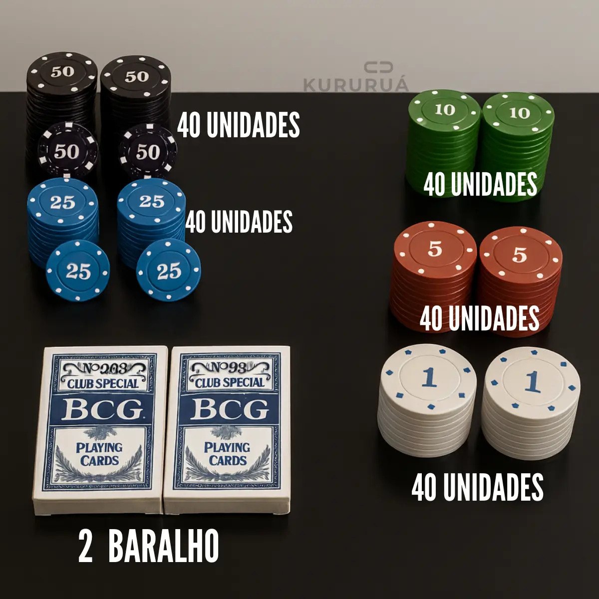 Kit Jogo de Poker Texas Semi Profissional Completo 200 Fichas Numeradas Kururuá