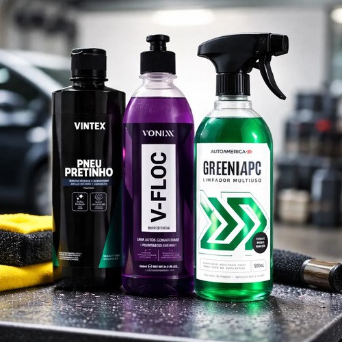 Kit Limpeza Automotiva - Pneu Pretinho + Green APC + V-Floc
