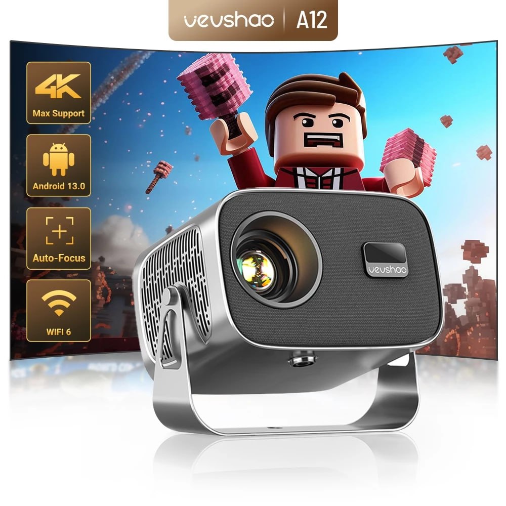 Projetor VEVSHAO A12 Android 13 360° Rotação Suporte 4K WiFi 6 Correção Keystone Automática Portátil