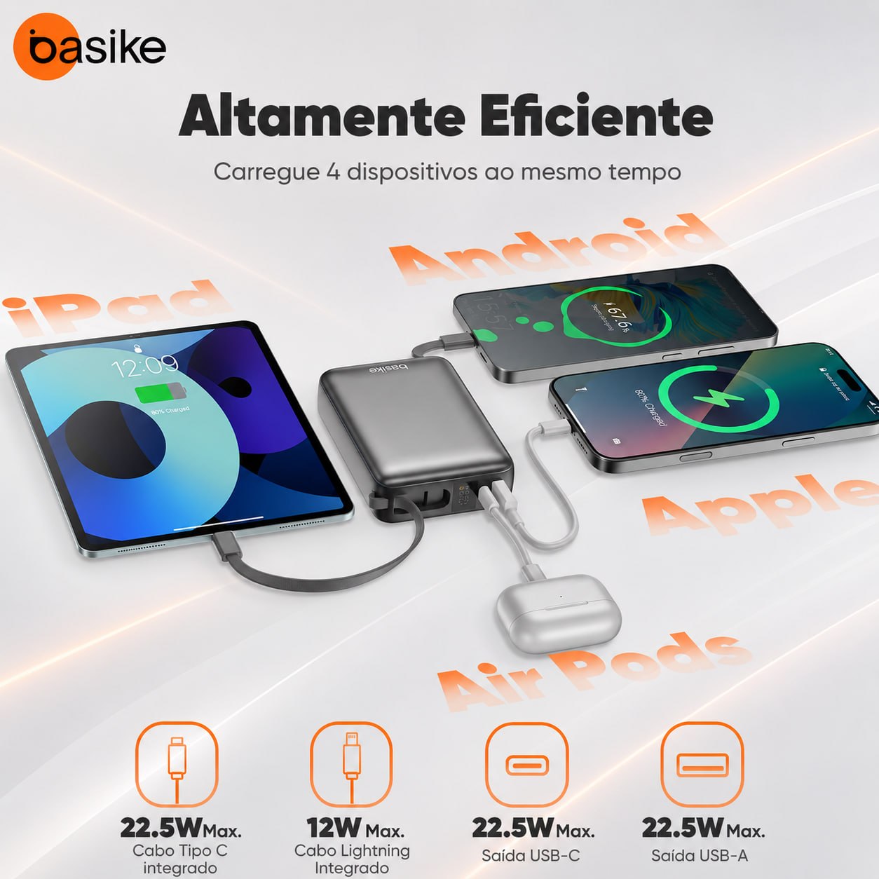 Basike Carregador Portátil Power Bank 20000mAh com Cabos Integrados (Cinza)