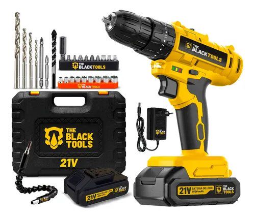 Parafusadeira Furadeira de Impacto a Bateria 21V 3/8" Bivolt 1400 RPM com Acessórios e Maleta TB-21PZW The Black Tools