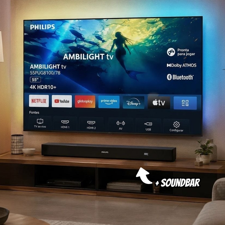 Philips Smart TV Ambilight 55" 4K, 55PUG8100/78 + Soundbar TAB4000, Aparelho de Áudio para TV, Bluetooth, HDMI ARC e USB