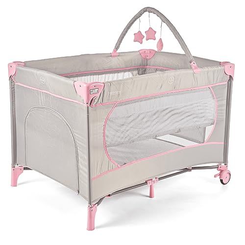 Berço Cercado Premium Chiqueirinho Portátil com Mobile até 18Kg Multmaxx (Cinza com Rosa)