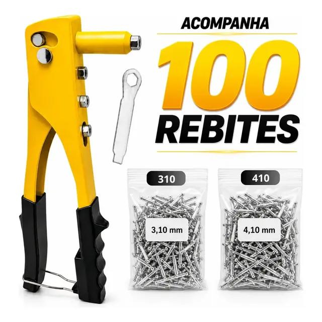 Rebitadeira Manual Profissional Alicate Rebitador com 4 Bicos e 100 Rebites