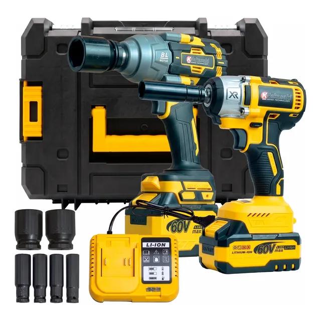 Kit Chave de Impacto a Bateria 60V 3/4 e 1/2 Pol K Nakasaki Azul-Aço