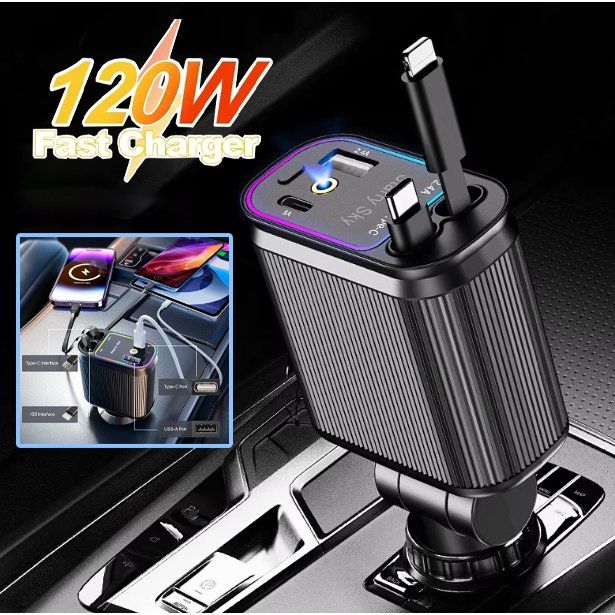 Carregador de carro retrátil com LED para iPhone e Android