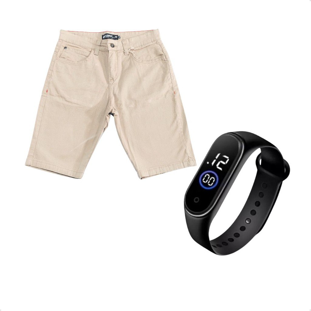 Kit Bermuda Masculina de Sarja + Smartwatch Digital