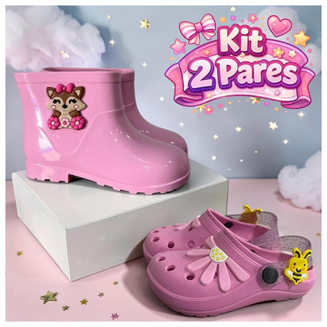 Kit 2 Pares Galocha e Babuche Infantil Menina Confortável e Antiderrapante