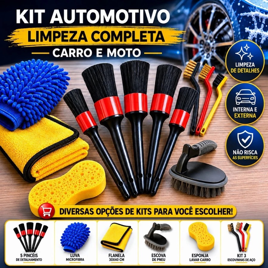 Kit Automotivo 5 Pincéis e Acessórios de Limpeza