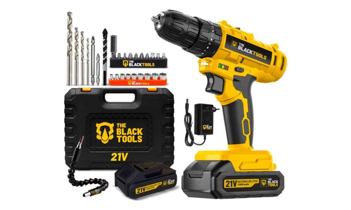Parafusadeira Furadeira de Impacto a Bateria 21V com Acessórios e Maleta The Black Tools