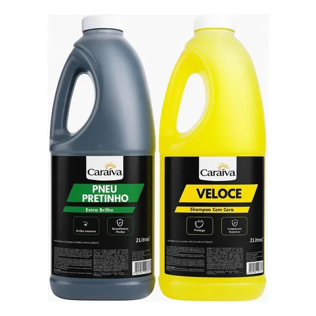 Kit Lavagem Automotiva Caraíva Shampoo com Cera 2L + Pneu Pretinho Extra Brilho 2L Biodegradável